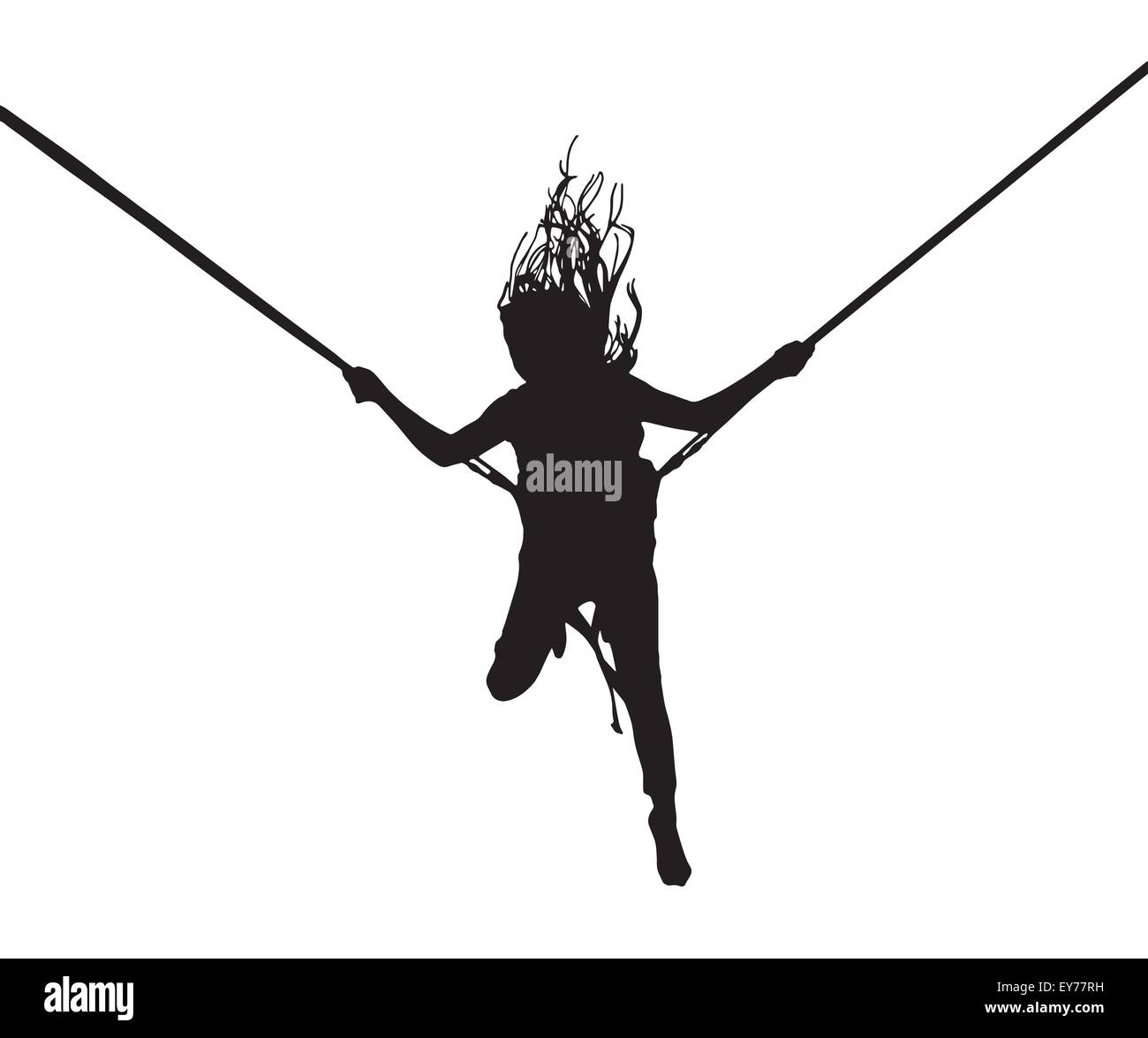 Silhouette vector illustration of a midair jump by a young girl having long free flowing hair on bungee trampoline. Stock Vector