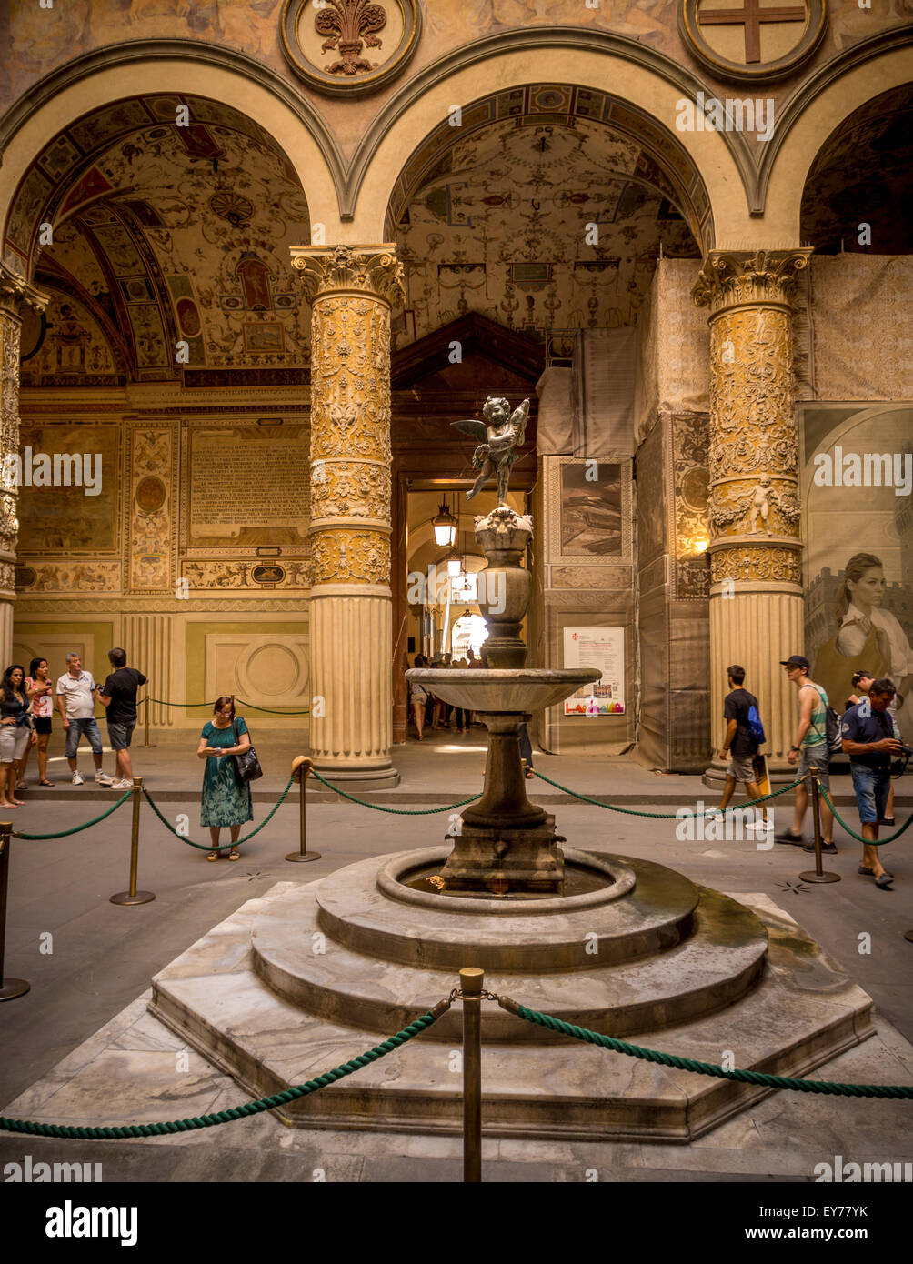 Putto with Dolphin fountain inside First courtyard of the Palazzo Vecchio. Florence, Italy. Stock Photo