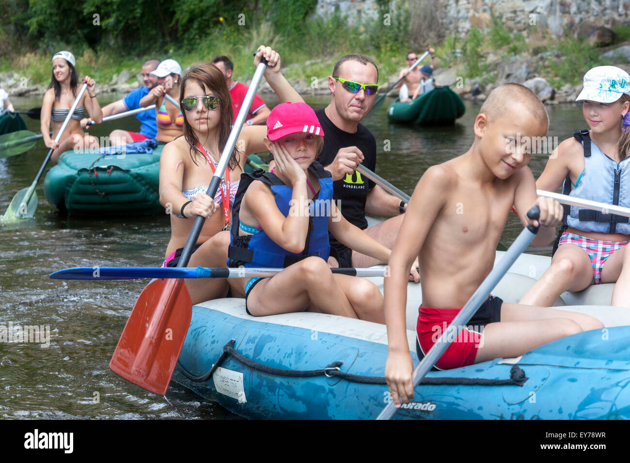 People going down by the river Vltava, rafting, South Bohemia, Czech Republic Stock Photo