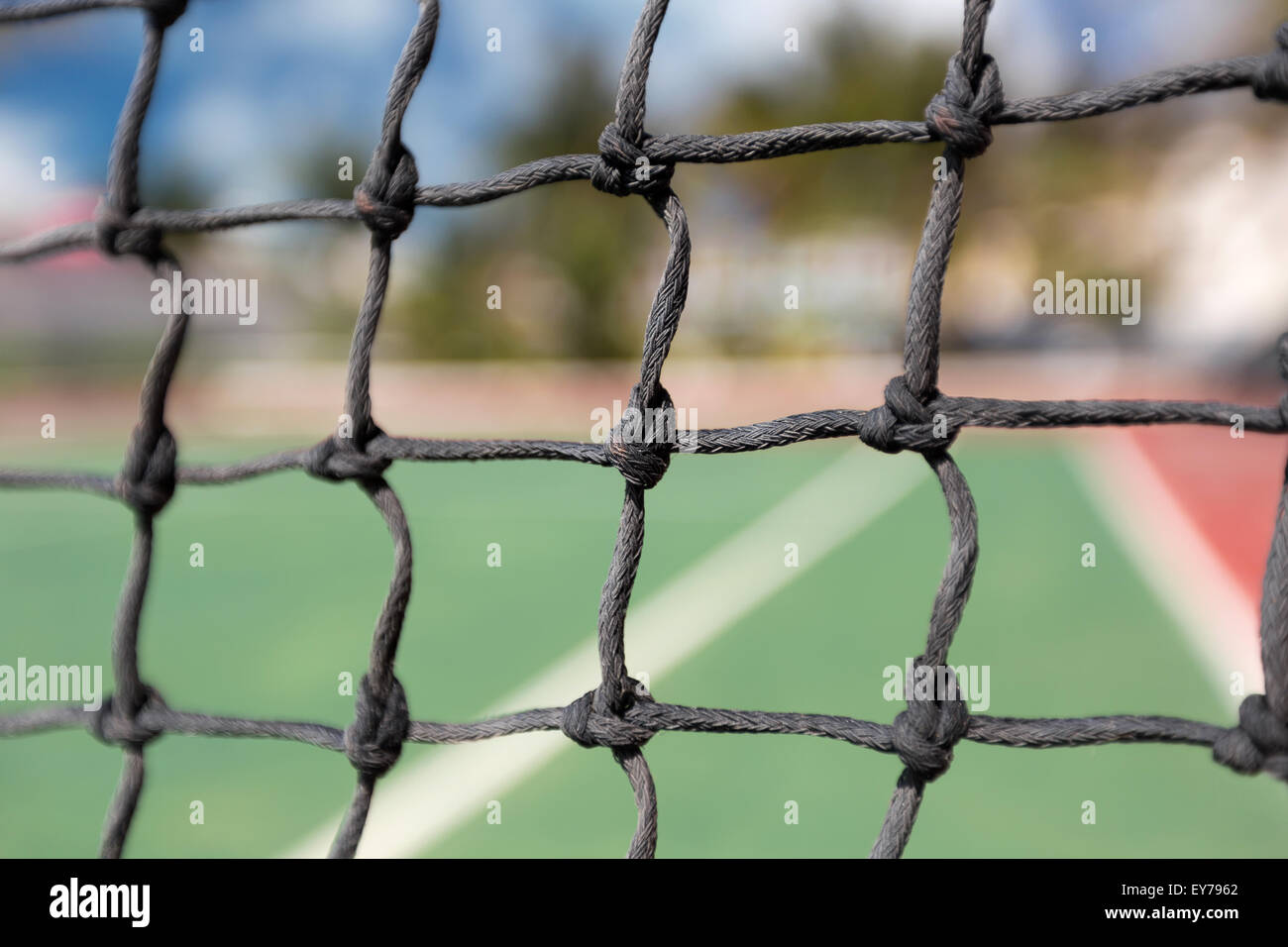 Tennis net, outdoor at empty court. Macro shot. Background Stock Photo