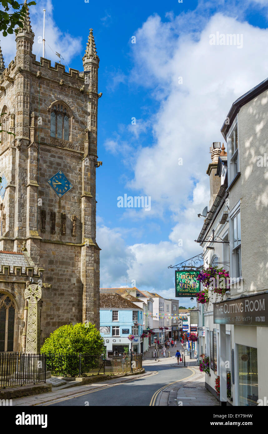 Holy Trinity Church and view down Fore Street from Market Street in the town centre, St Austell, Cornwall, England, UK Stock Photo