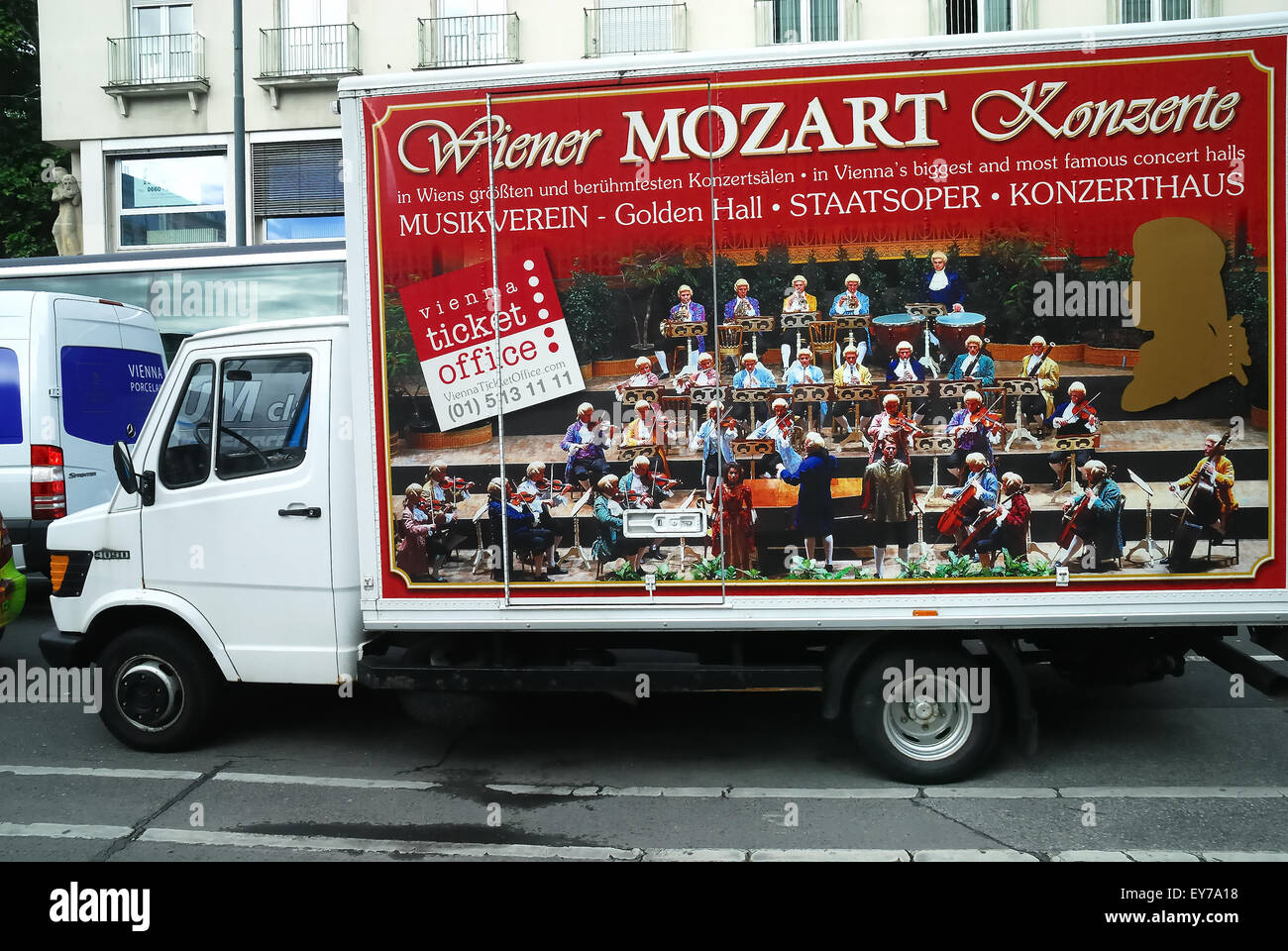 Austria, Vienna. Van advertising a Mozart concert at Vienna Opera House. Stock Photo