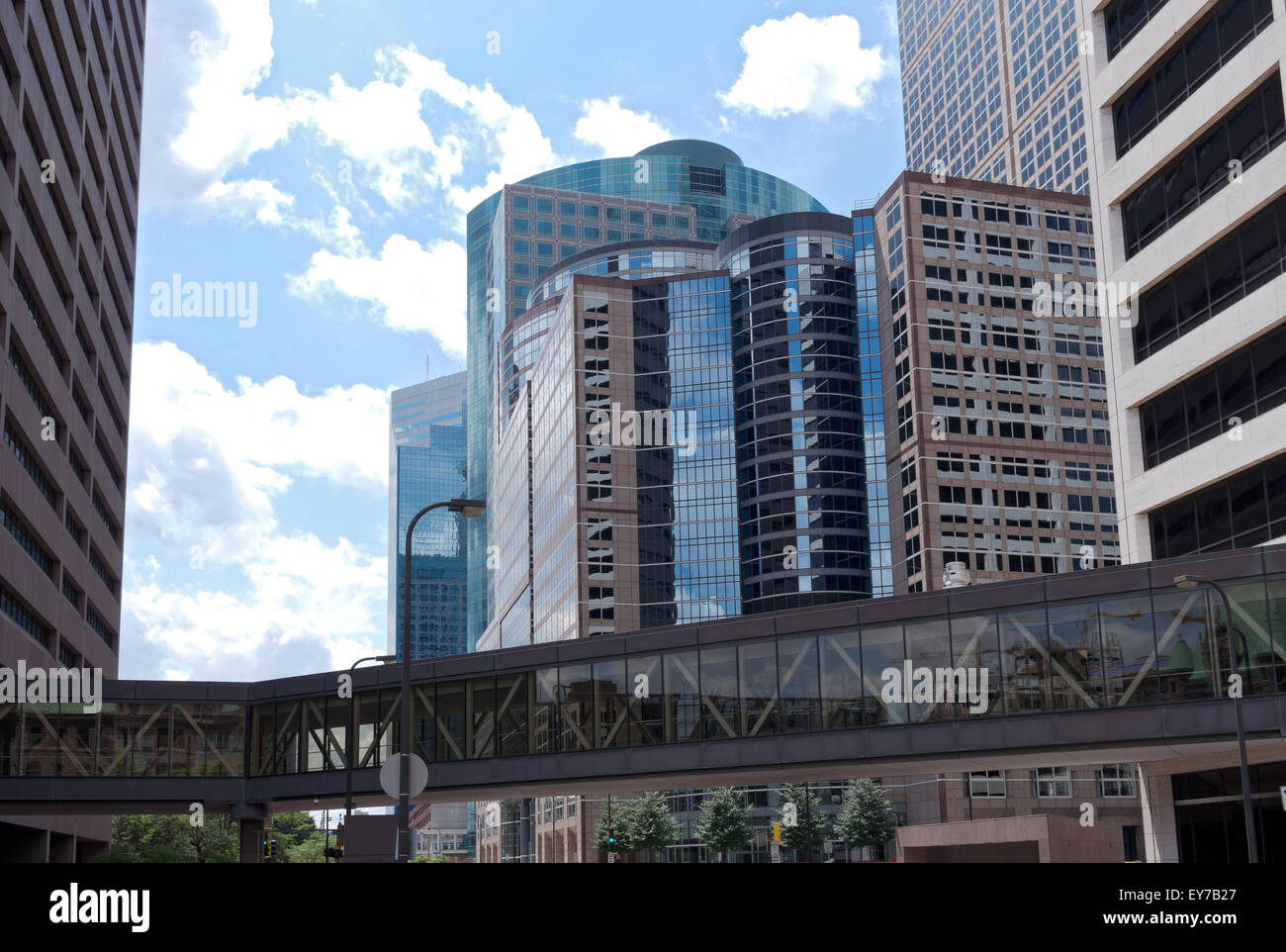 cityscape of modern architecture glass skyscrapers towers high-rises and skyway in minneapolis minnesota Stock Photo