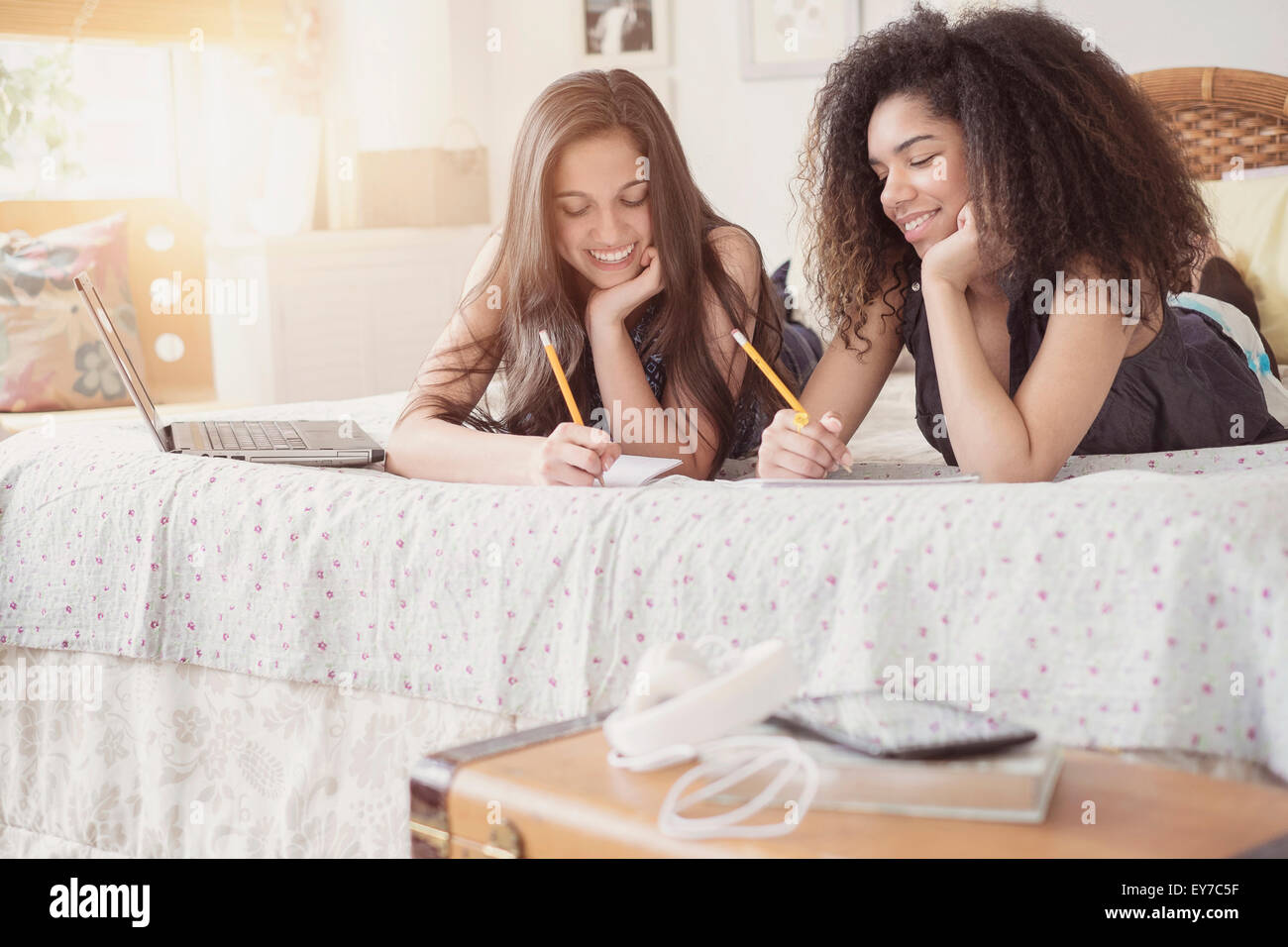 Teenage girls (14-15, 16-17) doing homework Stock Photo
