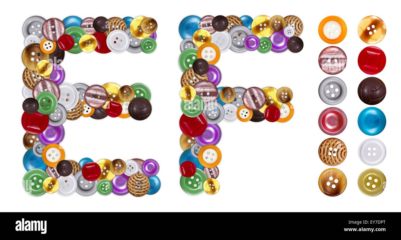 Characters E and F made of colorful clothing buttons. Standalone design elements attached Stock Photo