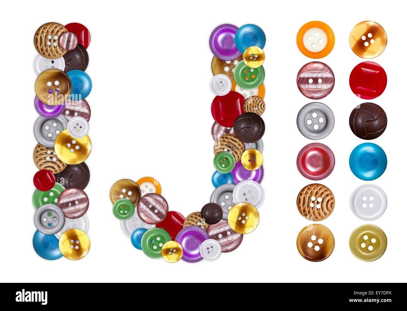Characters I and J made of colorful clothing buttons. Standalone design elements attached Stock Photo