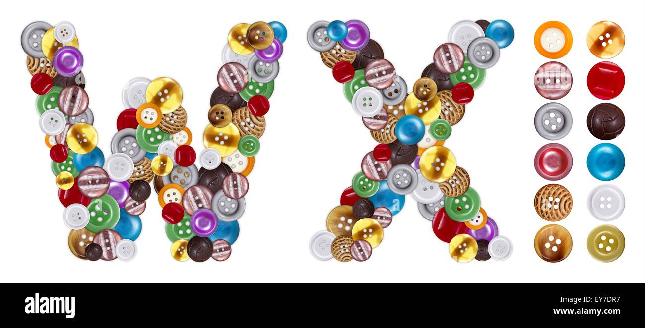 Characters W and X made of colorful clothing buttons. Standalone design elements attached Stock Photo