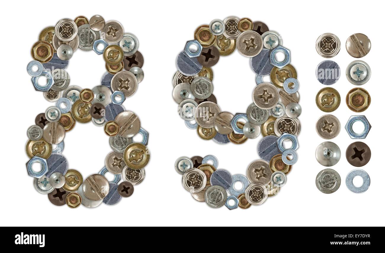 Numbers 8 and 9 made of screw and bolt heads. Standalone design elements attached Stock Photo