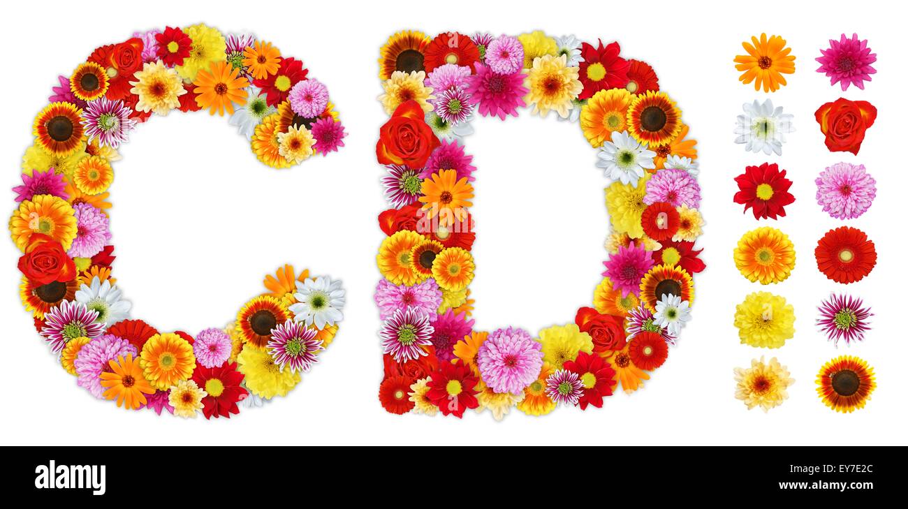 Characters C and D made of various flowers. Standalone design elements attached Stock Photo