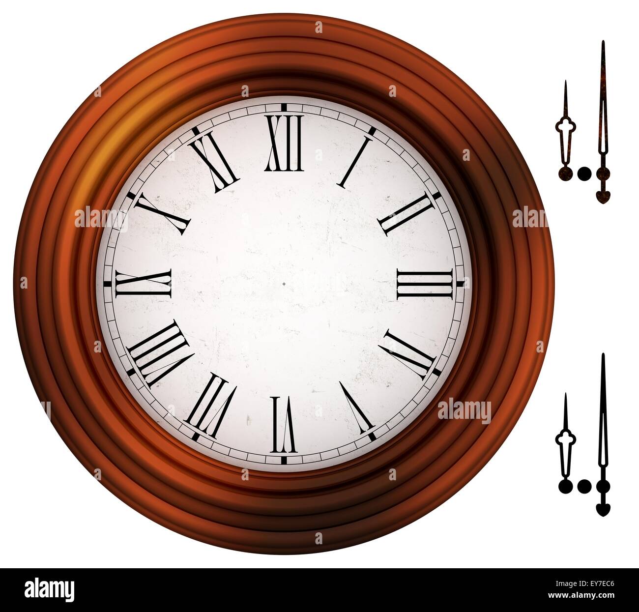Old fashioned clock with roman numbers, and wooden frame. Hands and
