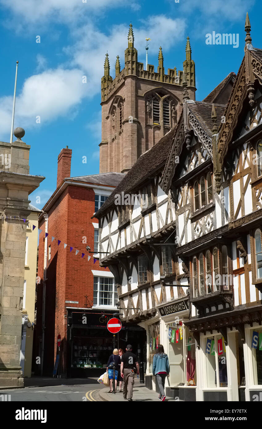 St Laurence's Church and half-timbered buildings in Broad Street, Ludlow, Shropshire. Stock Photo