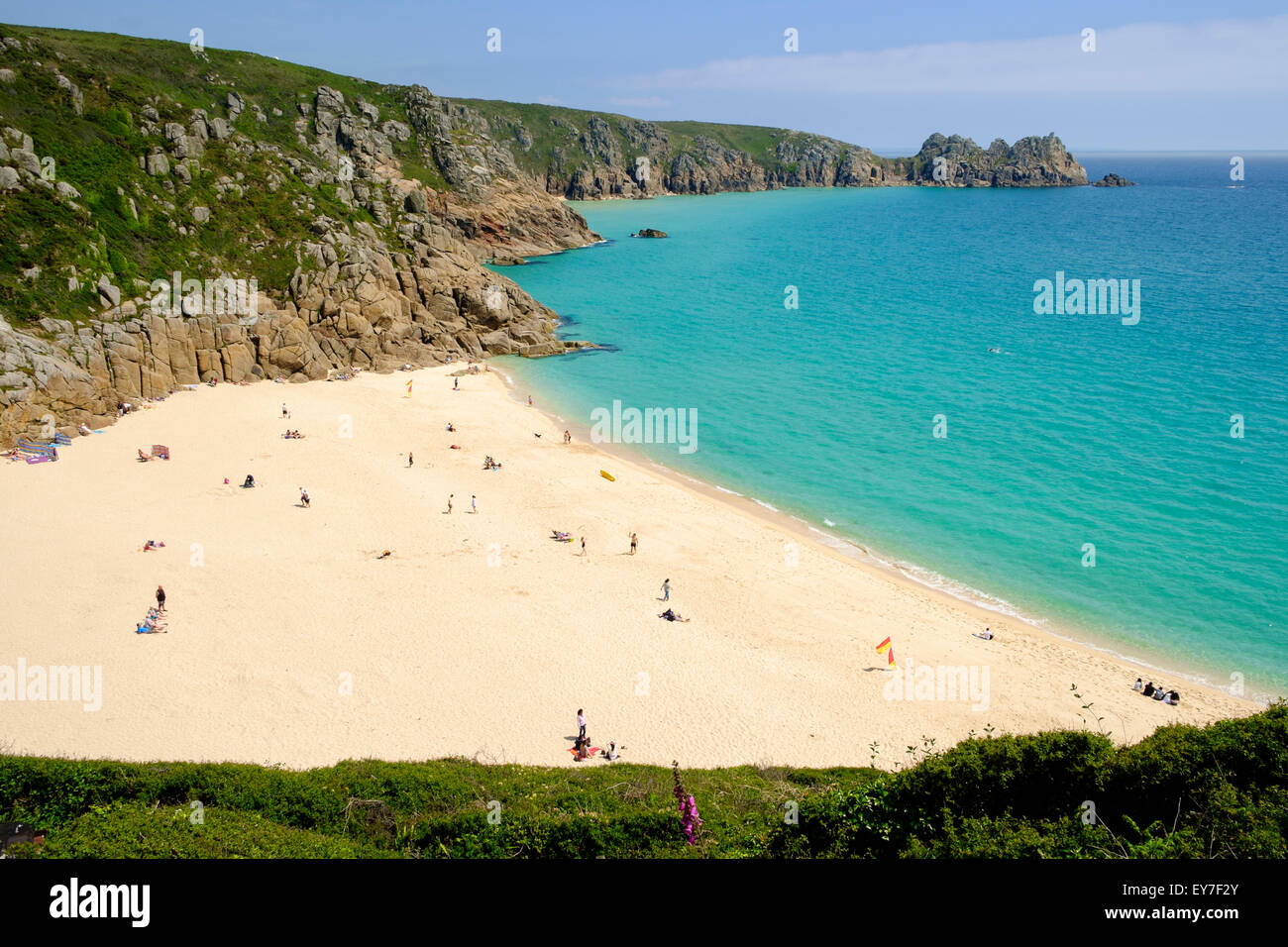 Porthcurno beach and cove, Cornwall, England, UK in summer Stock Photo