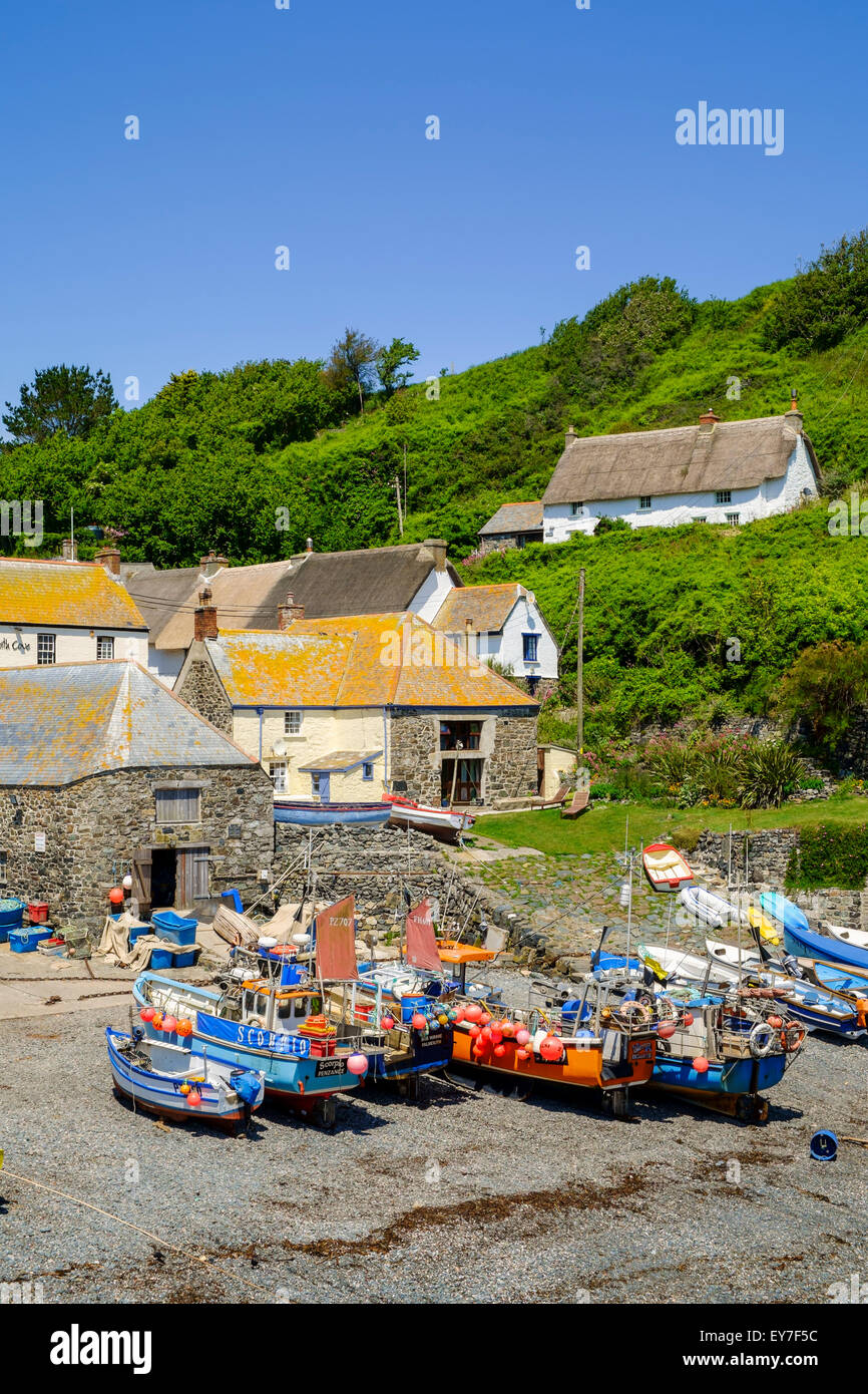 Fishing boats at the tiny village of Cadgwith, Lizard Peninsula, Cornwall, England, UK Stock Photo