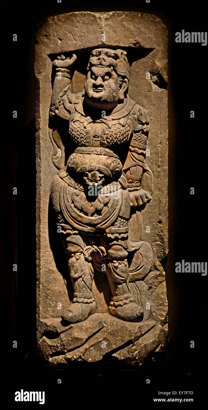 Lokapala stone Tang dynasty (ad 618–690 & 705–907)  Shanghai Museum of ancient Chinese art China ( Lokapāla guardian of the world has different uses depending on whether it is found in a Hindu or Buddhist context. ) Stock Photo