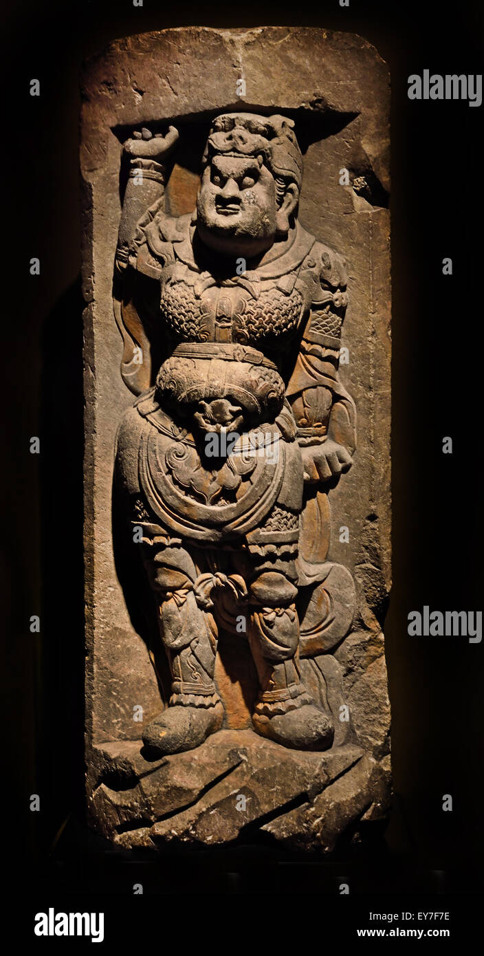 Lokapala stone Tang dynasty (ad 618–690 & 705–907)  Shanghai Museum of ancient Chinese art China ( Lokapāla guardian of the world has different uses depending on whether it is found in a Hindu or Buddhist context. ) Stock Photo