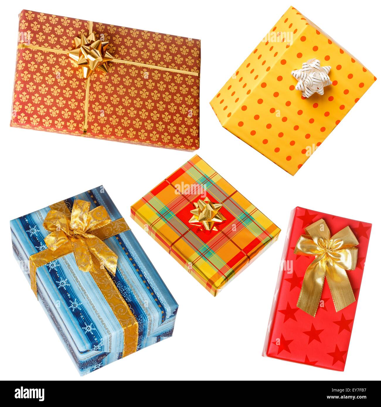 Various gifts isolated on white. Boxes wrapped with colorful paper, bow on each present Stock Photo