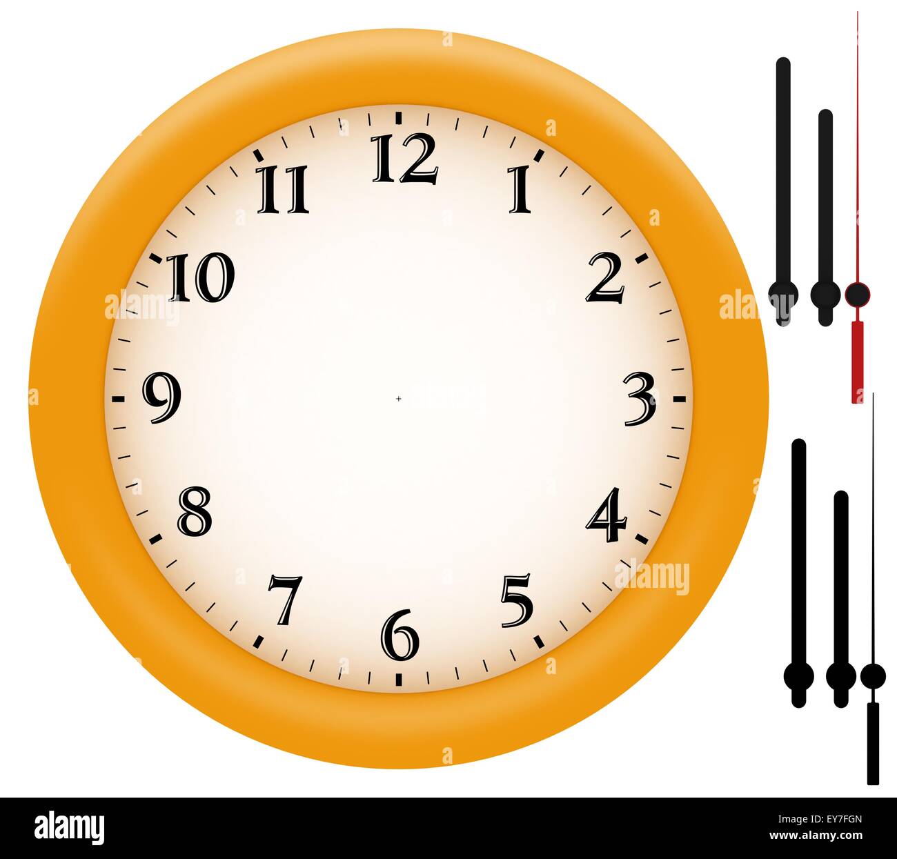 Simple clock with yellow plastic frame. Hands and their alpha channel