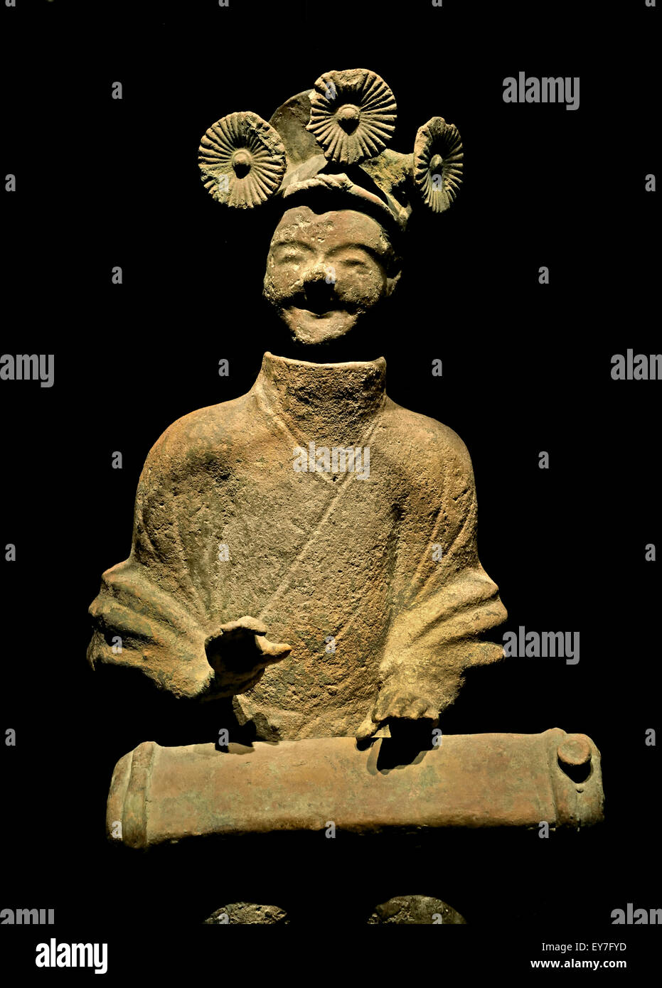 Pottery figure playing lute, eastern Han AD 25 - 220 Shanghai Museum of ancient Chinese art China Stock Photo