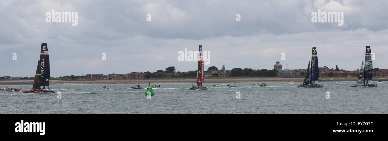Southsea, Hampshire, UK. 23rd July, 2015. RACING yachts have arrived off Southsea Common for the America’s Cup World Series. uknip/Alamay News Live  The ‘parade of sails’ was led by HMS St Albans, a Type 23 frigate, which fired one of her guns off as she passed by shore, starling the hundreds of onlookers. Following close in her wake was the LandRover BAR yacht of Sir Ben Ainslie’s British team,  which was greeted by cheers from the crowd. The yachts of  teams representing New Zealand, Sweden, Japan and others followed. Credit:  jason kay/Alamy Live News Stock Photo