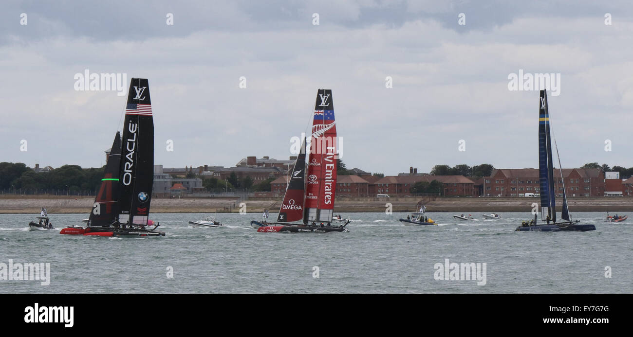 Southsea, Hampshire, UK. 23rd July, 2015. RACING yachts have arrived off Southsea Common for the America’s Cup World Series. uknip/Alamay News Live  The ‘parade of sails’ was led by HMS St Albans, a Type 23 frigate, which fired one of her guns off as she passed by shore, starling the hundreds of onlookers. Following close in her wake was the LandRover BAR yacht of Sir Ben Ainslie’s British team,  which was greeted by cheers from the crowd. The yachts of  teams representing New Zealand, Sweden, Japan and others followed. Credit:  jason kay/Alamy Live News Stock Photo