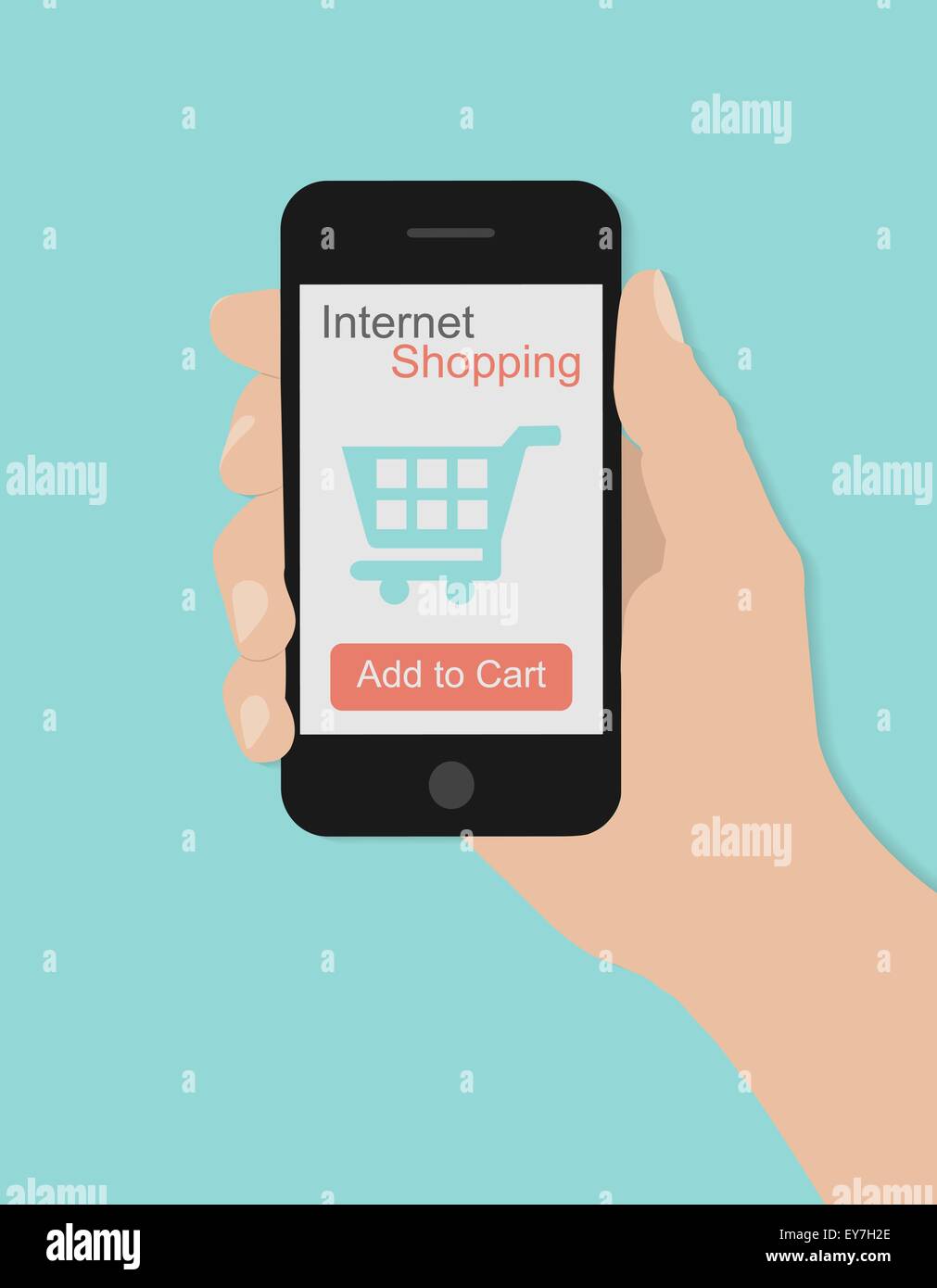 Hand holding smart phone with shopping concept on turquoise background. Flat design Stock Vector