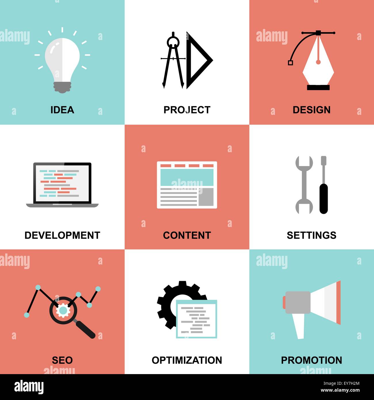 Website project process icons:idea, design, development, content settings, SEO, optimization and promotion. Modern flat design Stock Vector