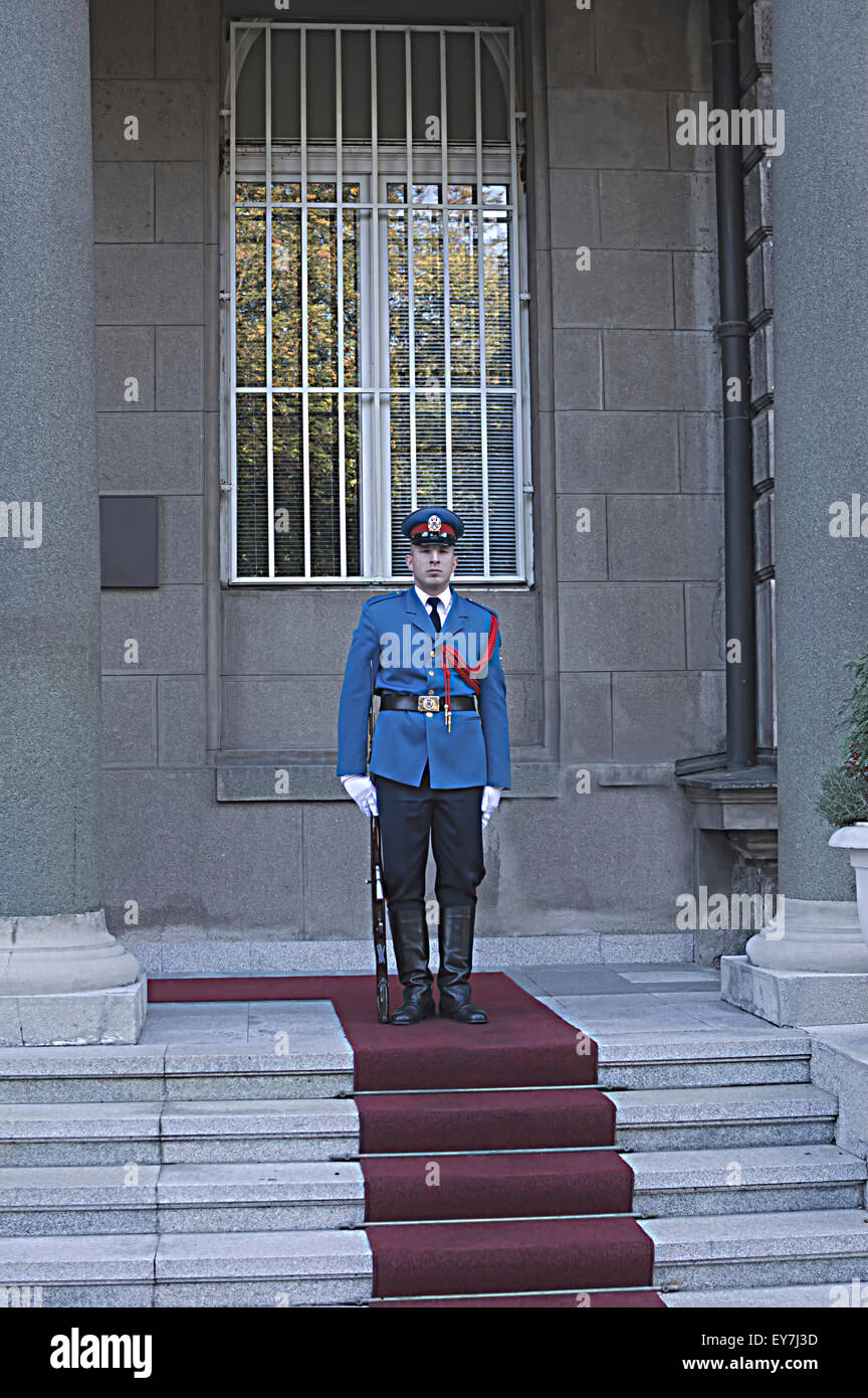 Belgrade, Serbia, Honorable Guard, Serbian army traditionaly protect Palace. Photographed. September 27th 2014. Stock Photo