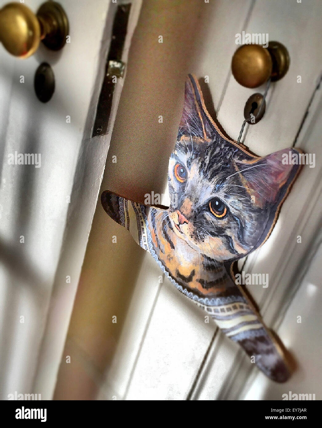 Cute Child's Cat Clothes Hanger on Doorknob, USA Stock Photo