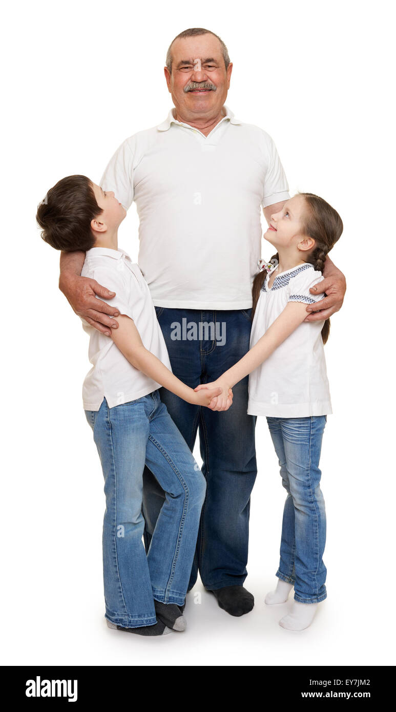 senior with children family portrait on white Stock Photo