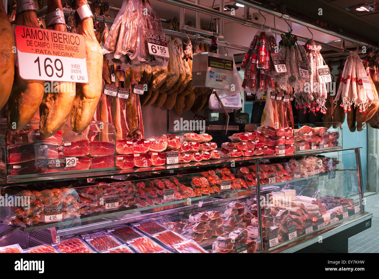 Meats in La Boqueria food market in Barcelona, Catalonia, Spain Stock Photo