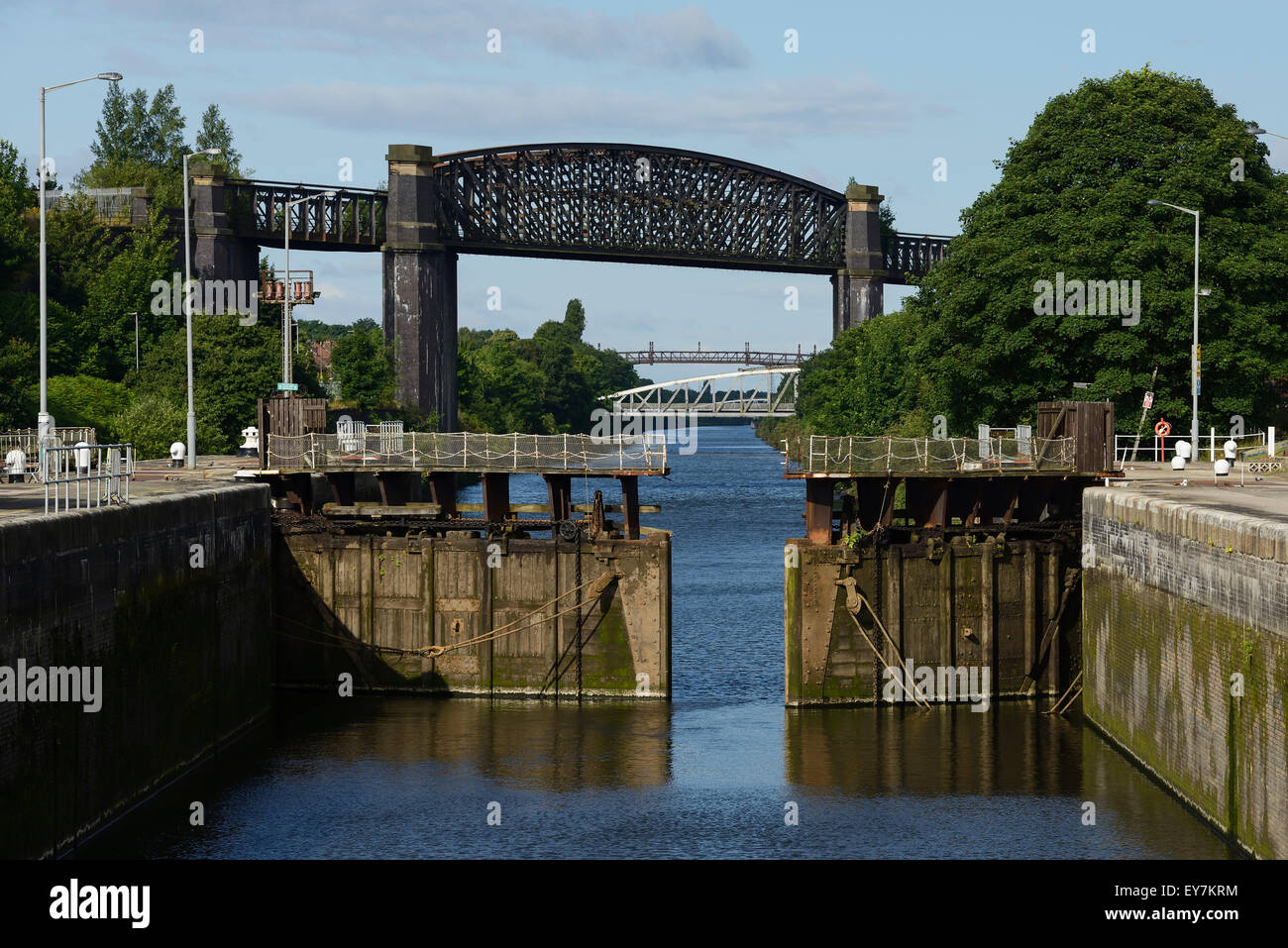 Latchford Locks and the disused Latchford Railway Viaduct crossing the