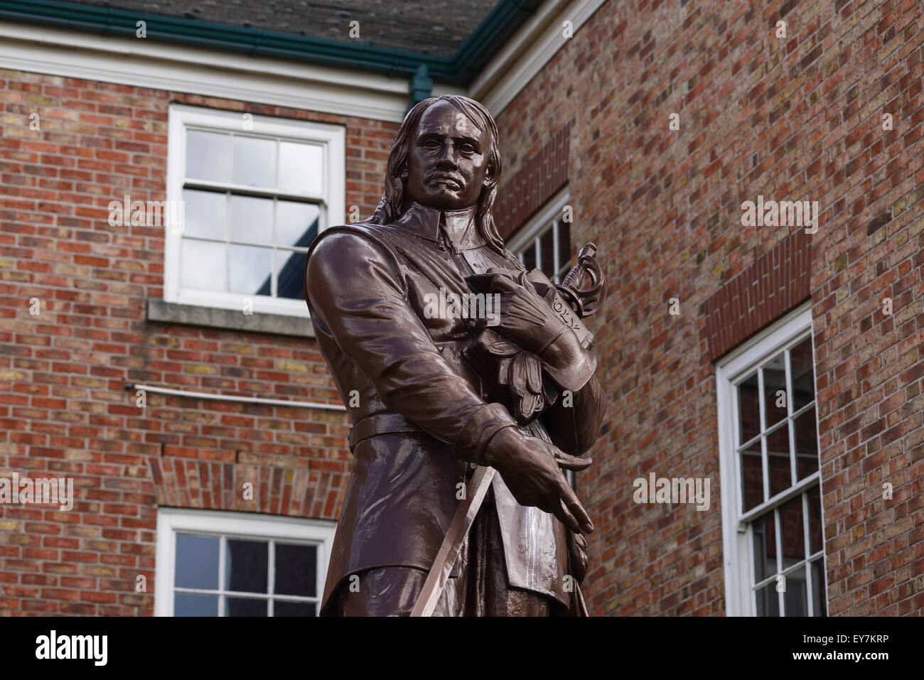 The Oliver Cromwell statue infront of the Warrington Academy building which is the office of the Warrington Guardian Newspaper Stock Photo