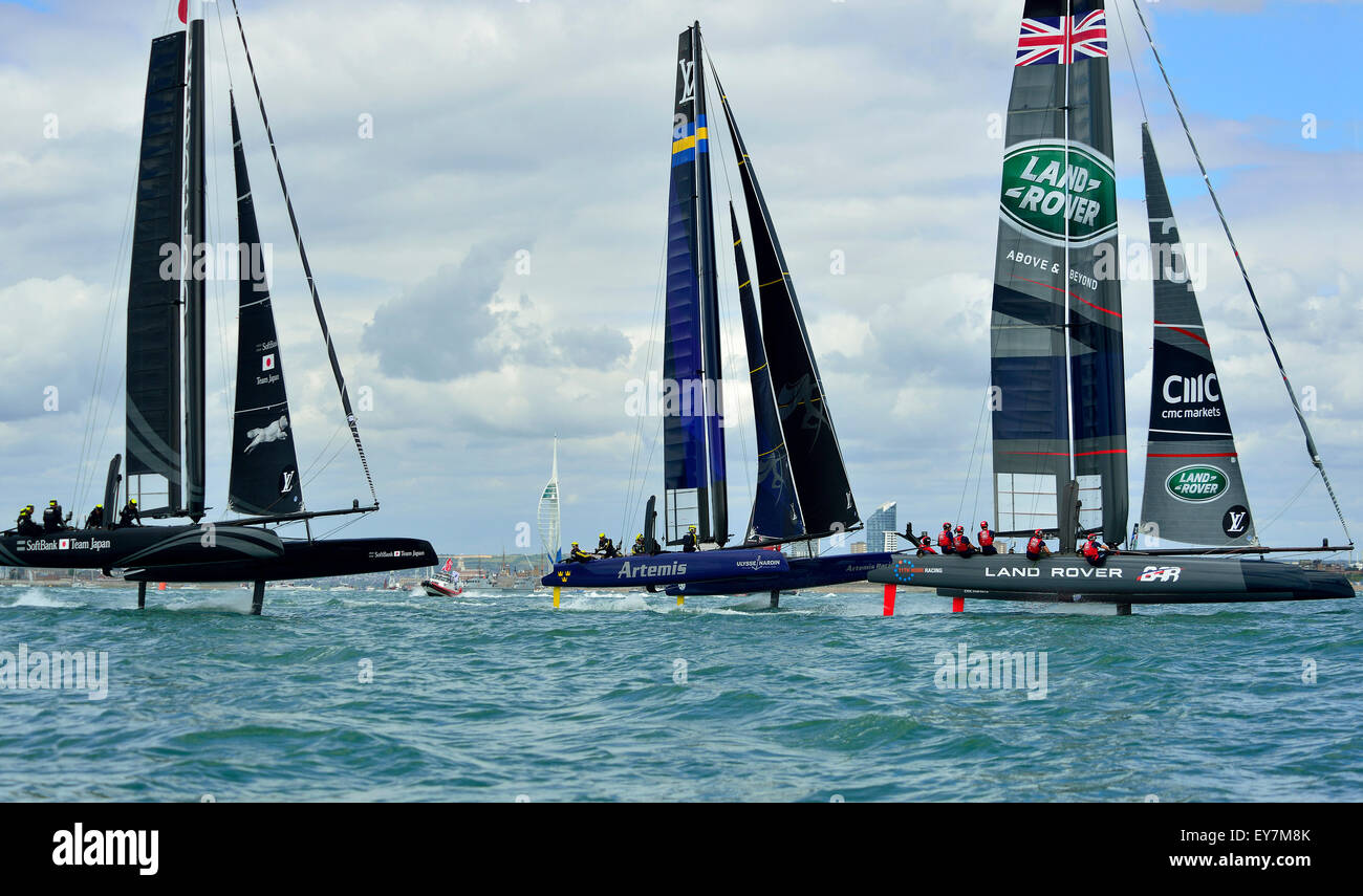 Louis Vuitton America’s Cup World Series,Portsmouth, Hampshire, UK - 23 July 2015 Louis Vuitton America's Cup World Series Portsmouth. The Parade of Sail and practice racing took place today off Southsea Common at the the start of the Louis Vuitton America's Cup World Series Portsmouth. Six teams are competing being Land Rover BAR led by Sir Ben Ainslie, Oracle Team USA, Artemis Racing from Sweden, Emirates Team New Zealand, SoftBank Team Japan, and Groupama Team France all sailing the 'flying' AC45f. Credit:  Wendy Johnson/Alamy Live News Stock Photo