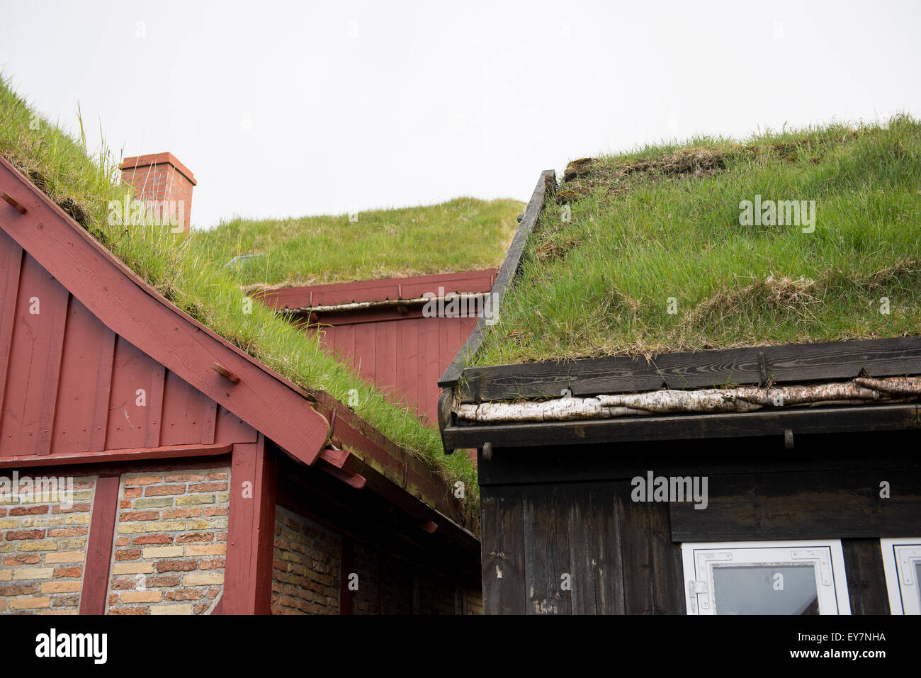 Grass roofs in Tinganes, the old town of Torshavn with red old wooden houses Stock Photo