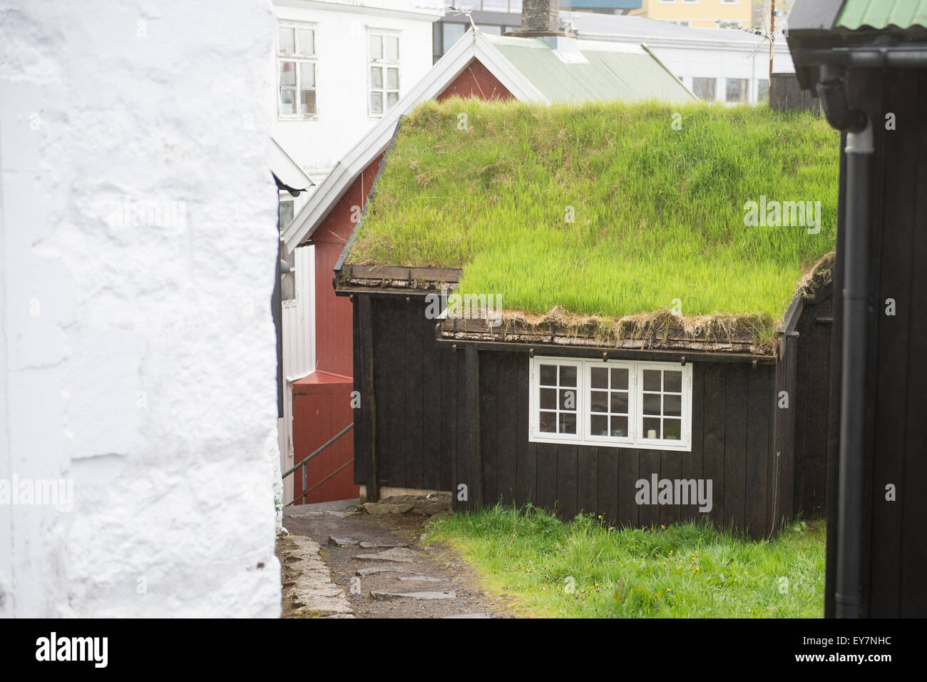 Small house in the old town of Torshavn with grass roof Stock Photo