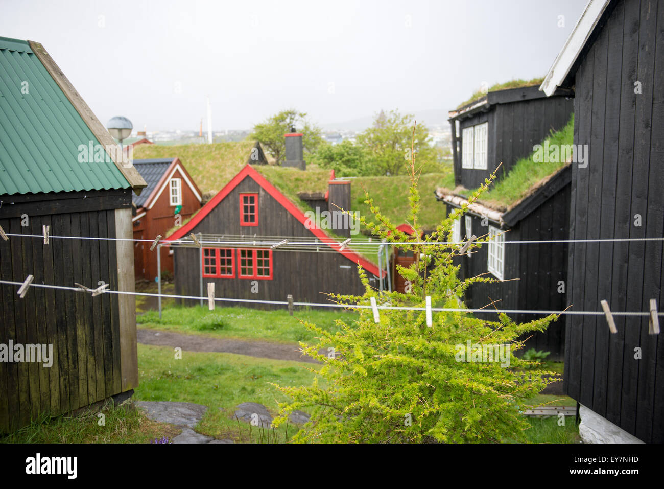 The old town of Torshavn with red and black old wooden houses Stock Photo