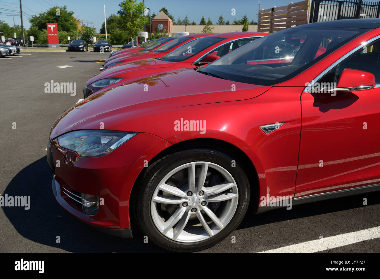 Tesla sedans at a dealership in Paramus, NJ Stock Photo