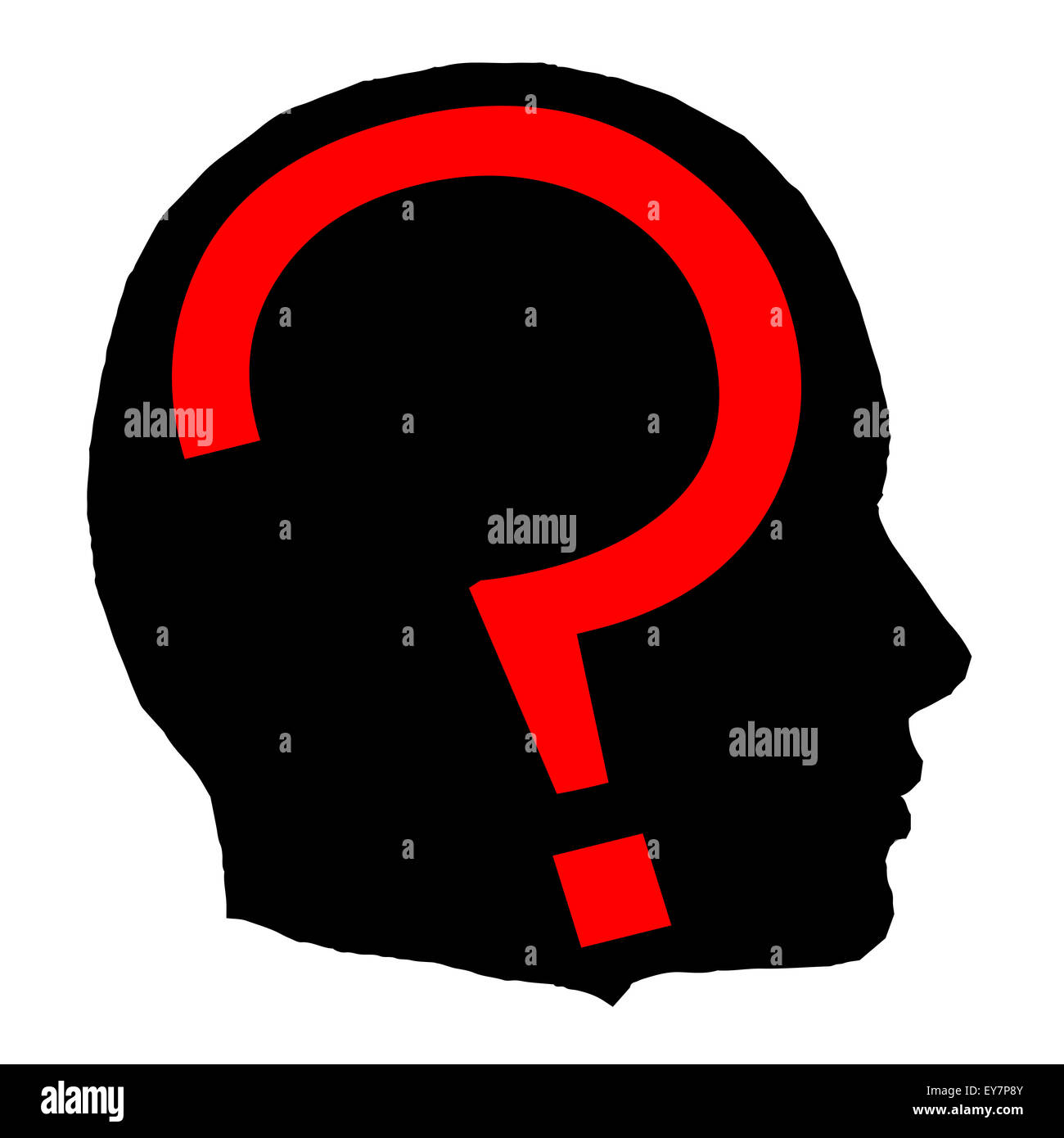 A black isolated man head with a red question mark Stock Photo