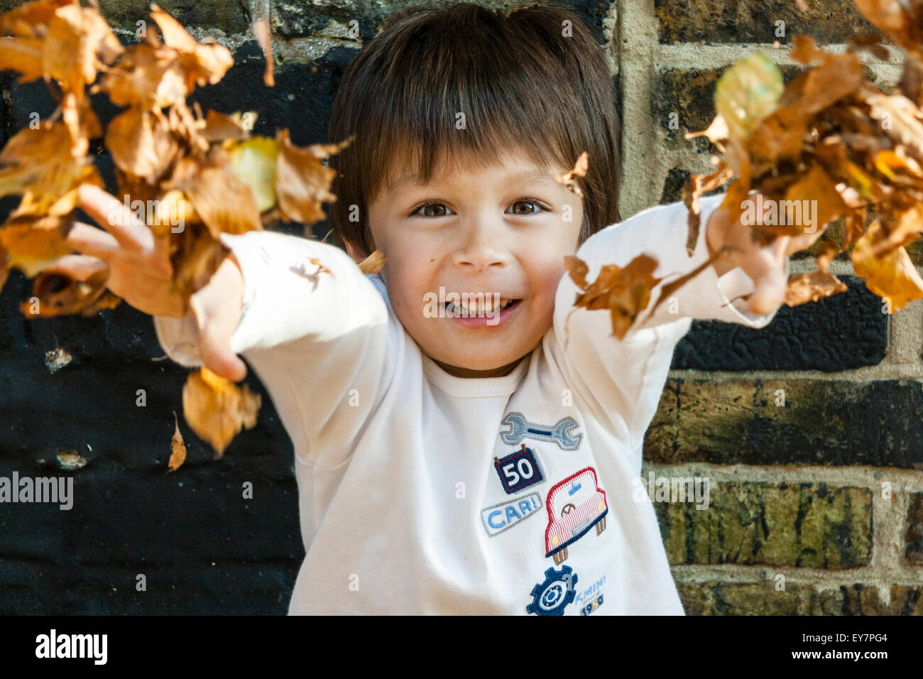 Caucasian child, boy, 56 year old, throwing handfuls of leaves at