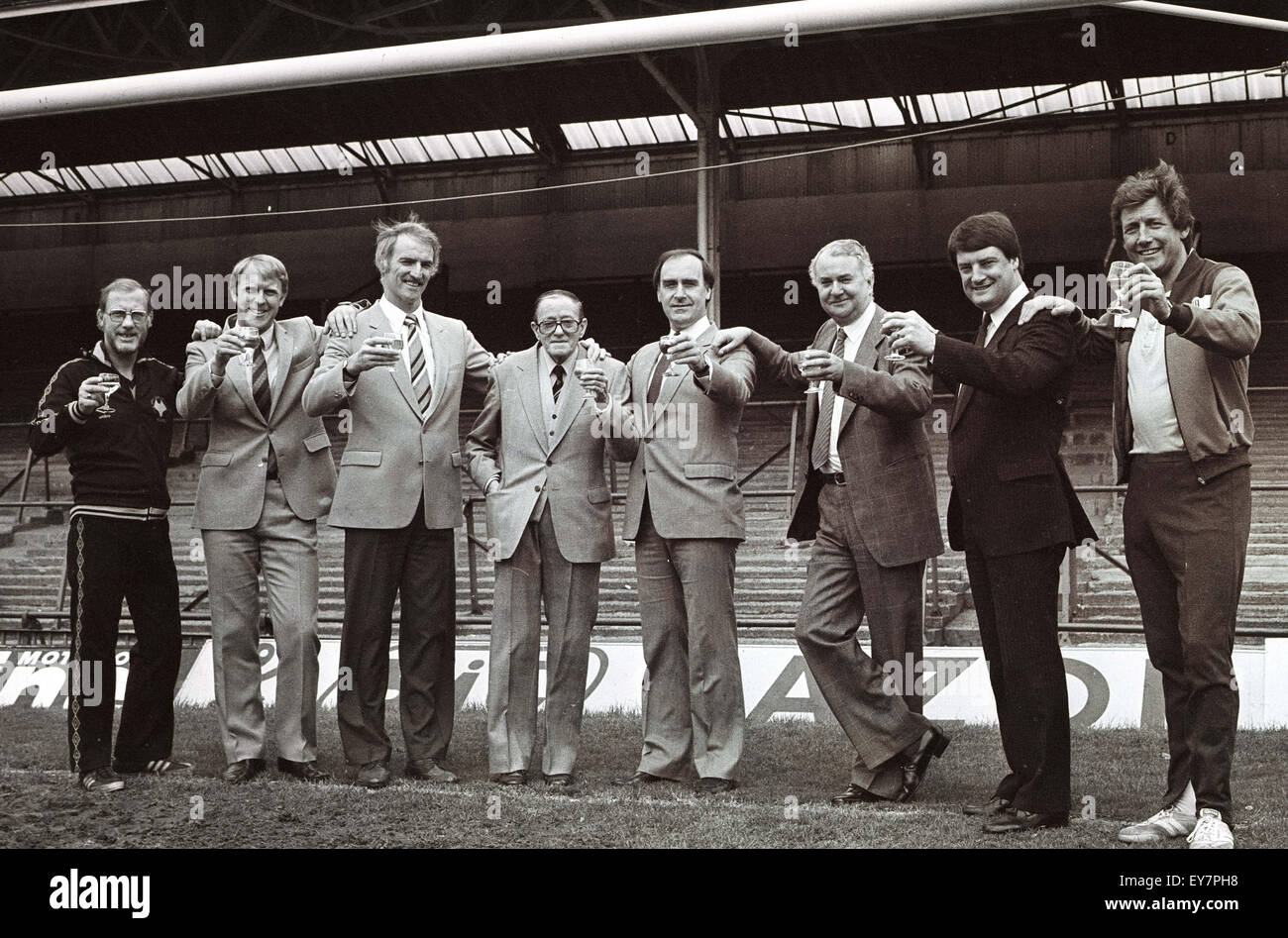 Wolverhampton Wanderers FC staff & directors celebrate promotion in 1983 LtoR Denis Conyerd, Graham Hawkins, Derek Dougan, John Ireland, Roger Hipkiss, Eric Woodward, Doug Hope and Jim Barron Stock Photo
