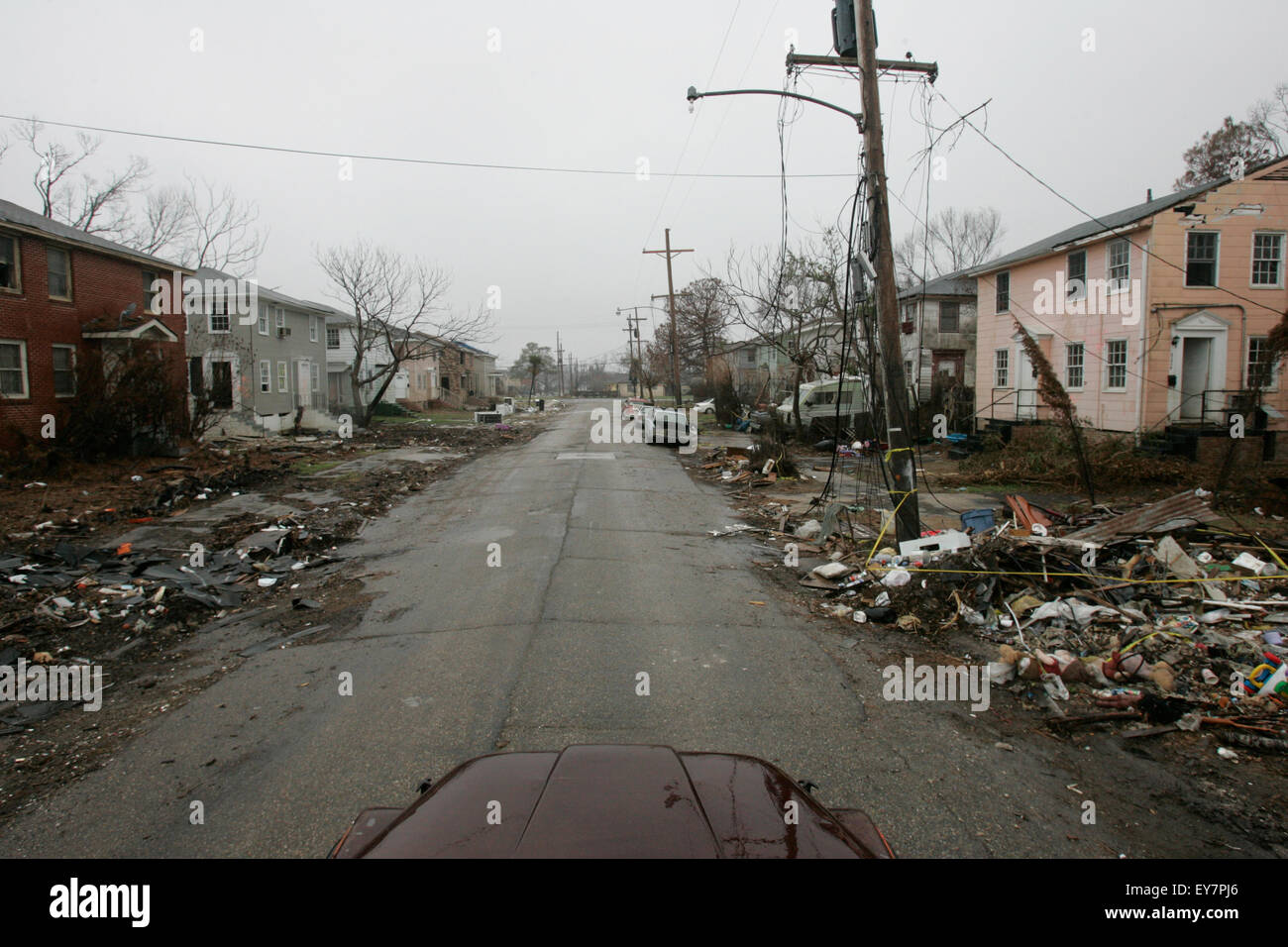 A view of a street in New Orleans in the aftermath of Hurricane Katrina. Stock Photo