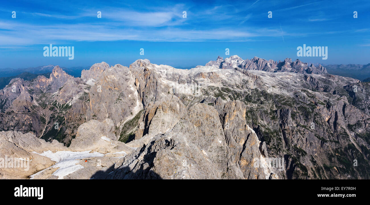 The Pale di San Martino mountain group. View form Croda Granda mountain peak. Red Reali bivouac. The Dolomites. Italian Alps. Europe. Stock Photo