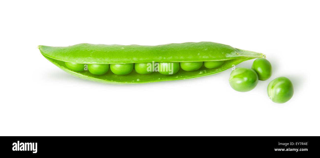 Opened green pea pod and peas top view isolated on white background Stock Photo