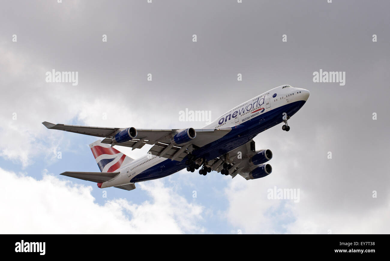 Boeing 747 jet preparing to land wheels down on final approach West London UK Stock Photo Alamy