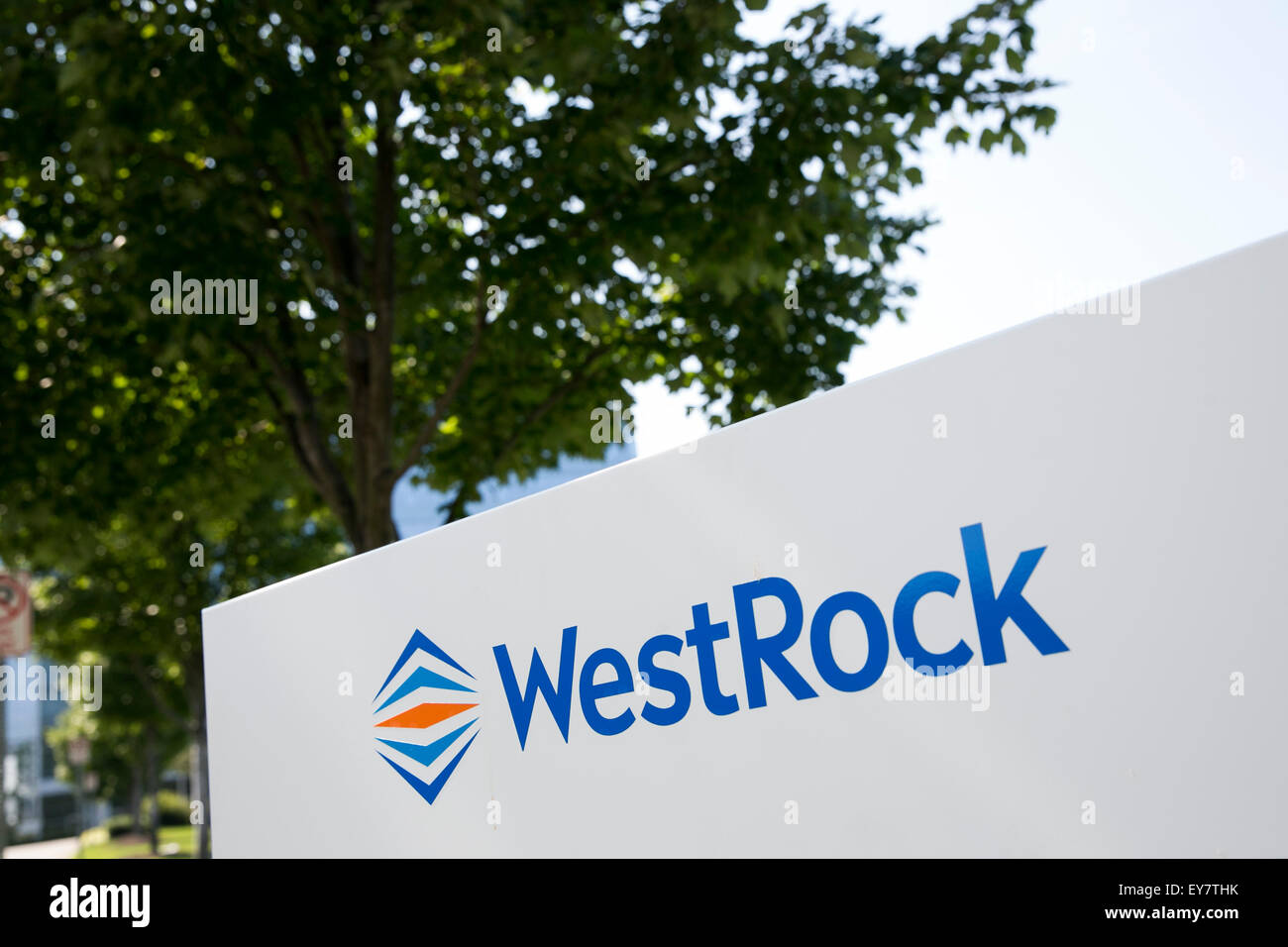 A logo sign outside of the headquarters of the WestRock Company in