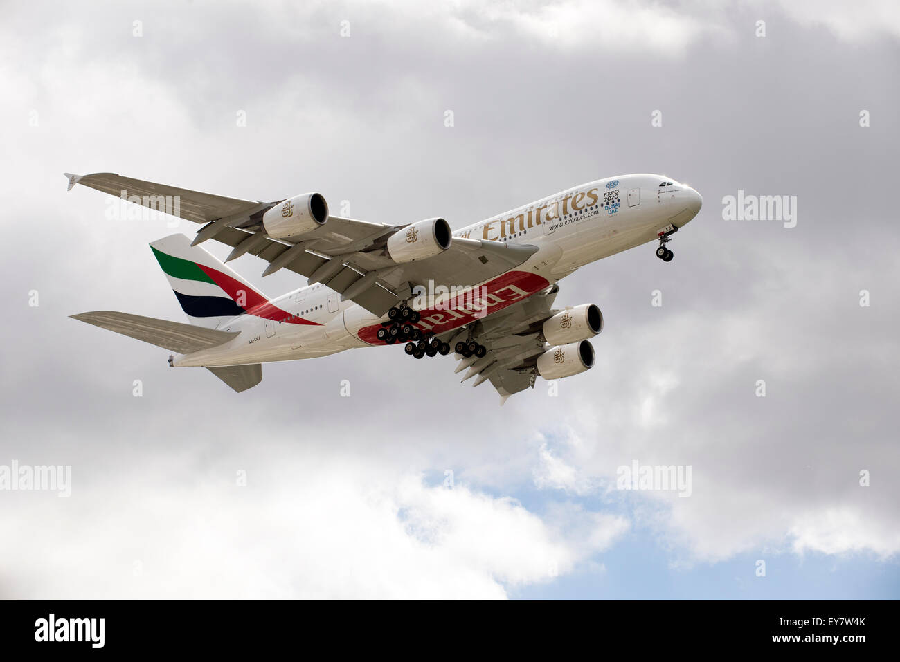 Emirates Airbus A380 passenger jet with landing gear down preparing on final approach to land Stock Photo