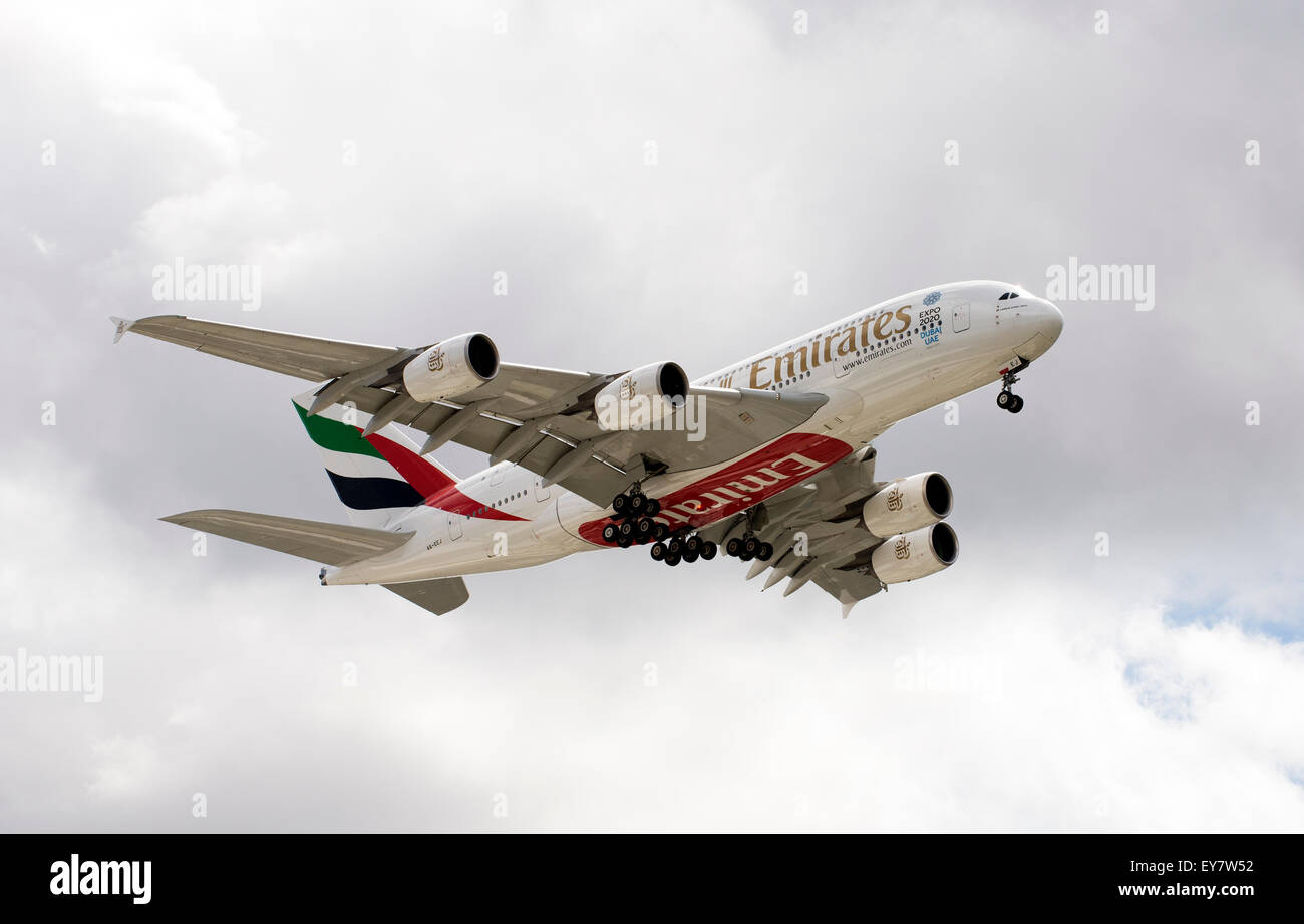 Emirates Airbus A380 passenger jet with landing gear down preparing on final approach to land Stock Photo