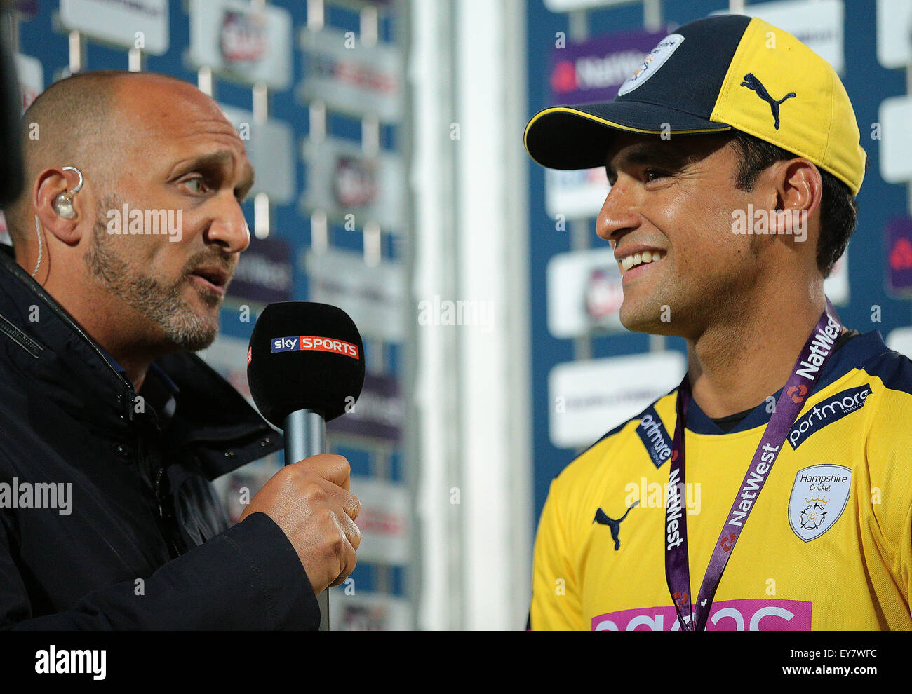 Ageas Bowl, Southampton, Hampshire, UK. 23rd July, 2015. Hampshire versus Somerset. T20 Match county cricket match. Hampshire's Yasir Arafat received Man of The Match and is interviewed by Ex-England's Mark Butcher for Sky Sports Credit:  Action Plus Sports/Alamy Live News Stock Photo