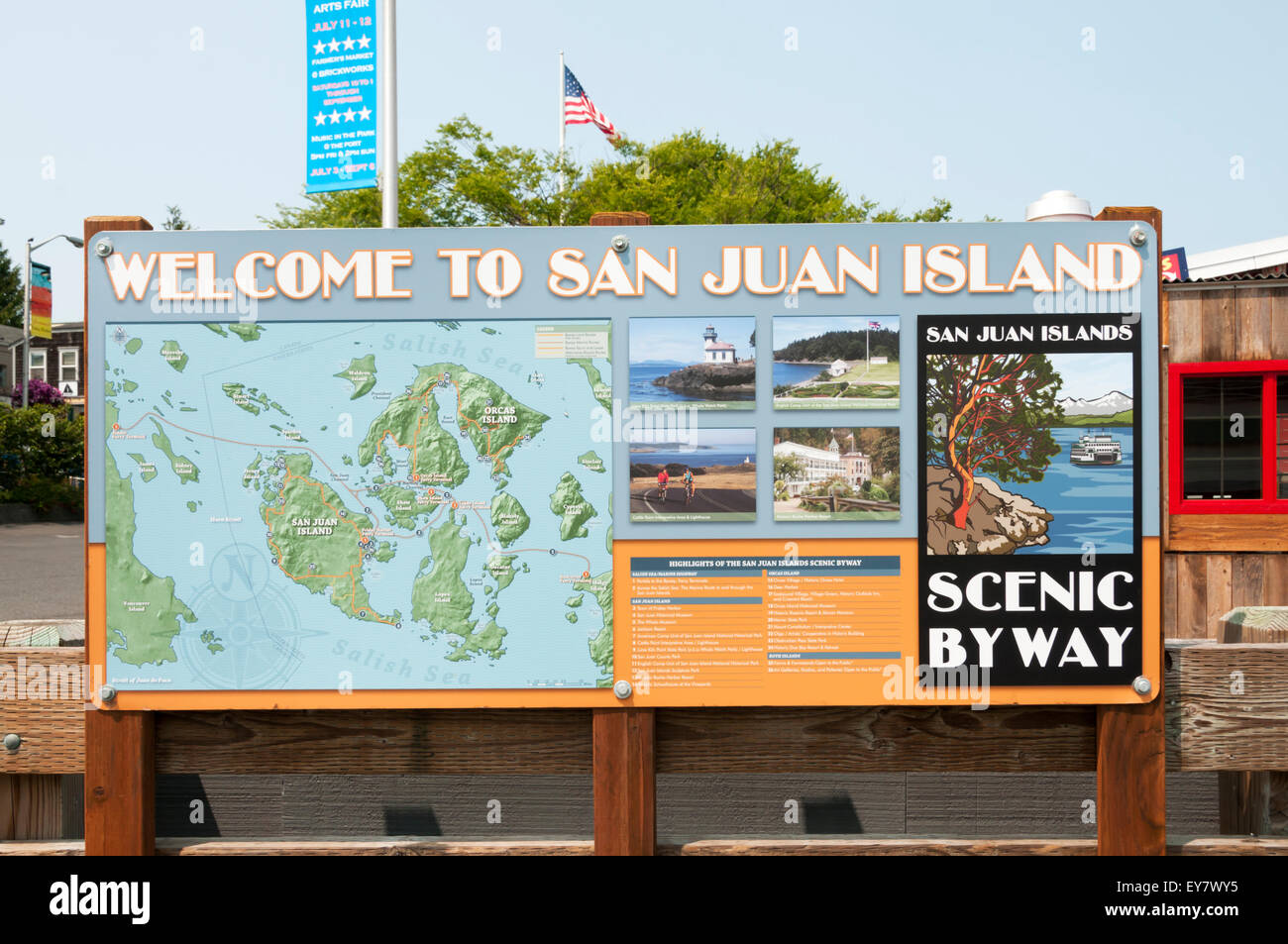 Welcome to San Juan Island sign at Friday Harbor, the capital of the San Juan Islands in Washington. Stock Photo