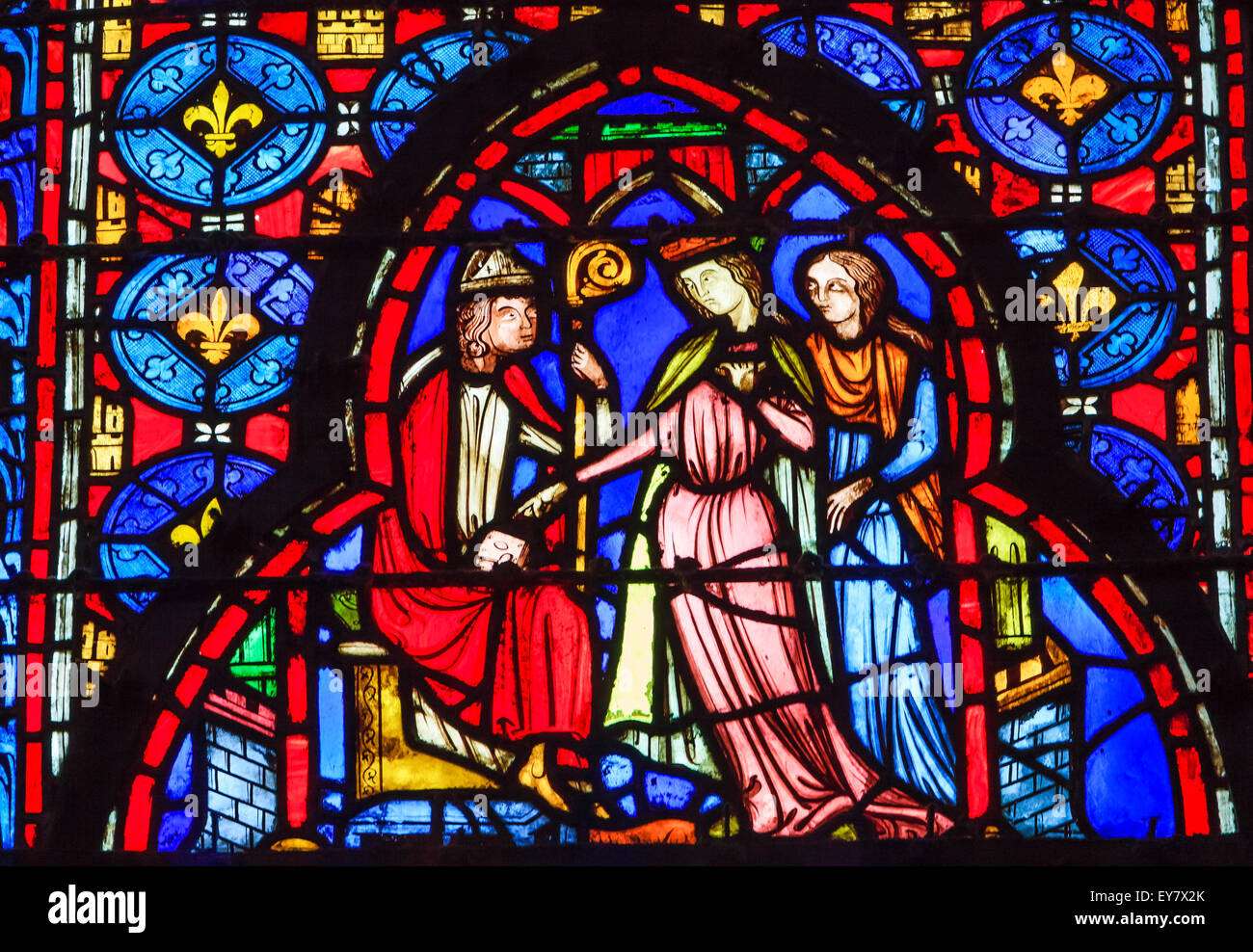 Bishop Queen Stained Glass Saint Chapelle Paris France.  Saint King Louis 9th created Sainte Chapelle in 1248 Stock Photo